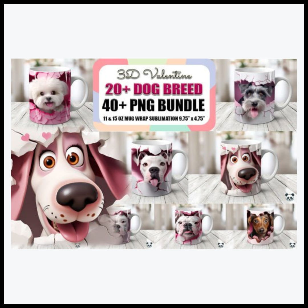 Bundle of 3D Mug Wraps featuring Valentine's Day Dog theme